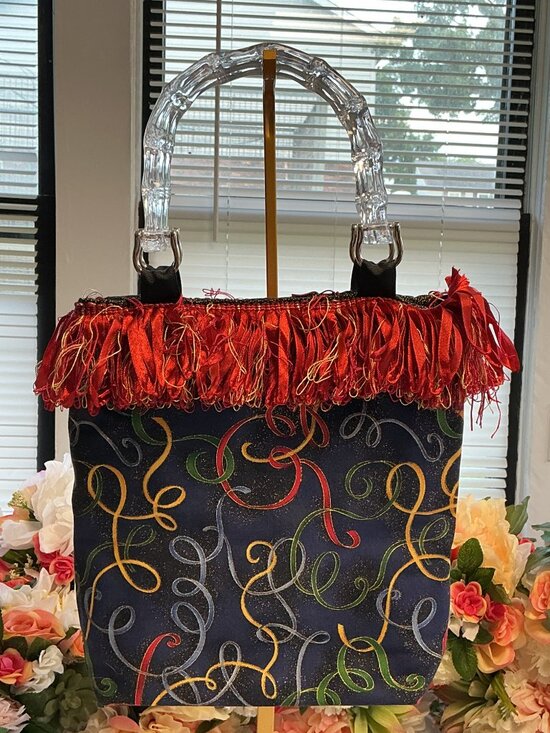 Handbags - Handmade Confetti Swirl Fringe Tote Clear Bamboo Style Handles
